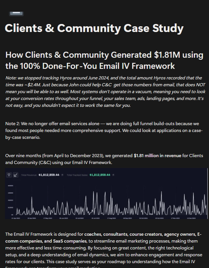 The engagement's published case study — Hyros dashboard included, with its own note that tracking stopped in June 2024 at ~$2.4M.