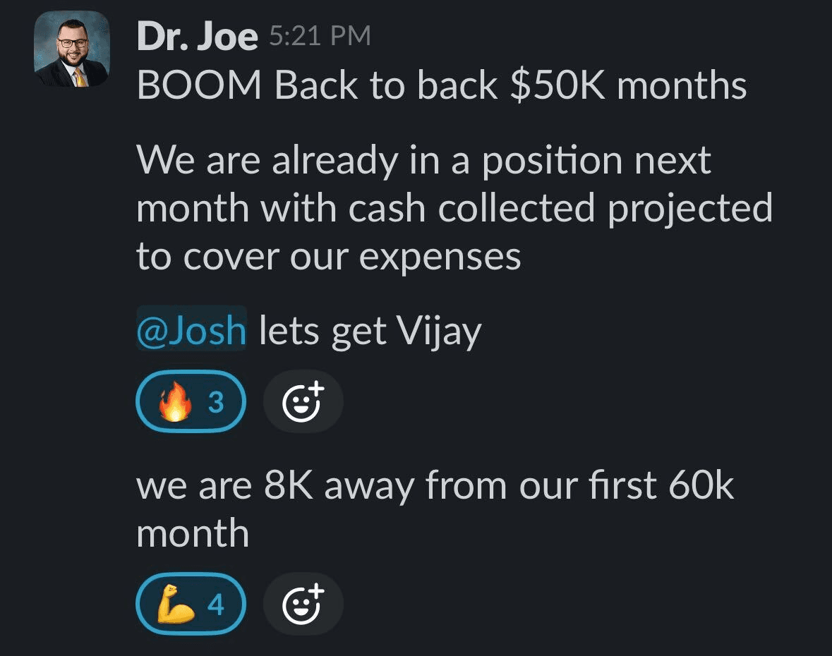 Back-to-back $50K months, cash collected projected to cover expenses — sent while onboarding new reps.