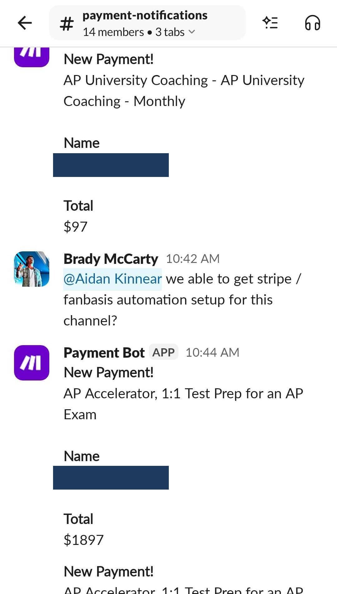 $97 front-end → $1,897 upsell, on autopilot (customer names redacted)